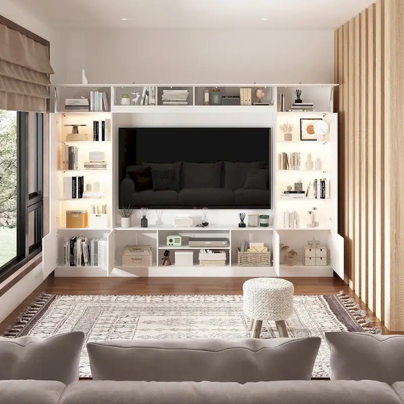 Wohnwand-TV-Ständer mit Bücherregalen und LED-Beleuchtung, Weiß oder Schwarz