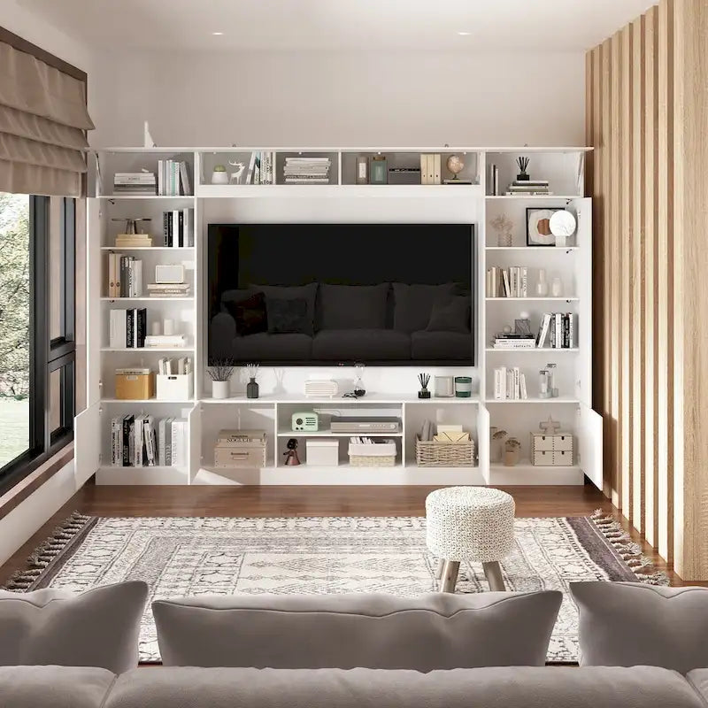Wohnwand-TV-Ständer mit Bücherregalen und LED-Beleuchtung, Weiß oder Schwarz