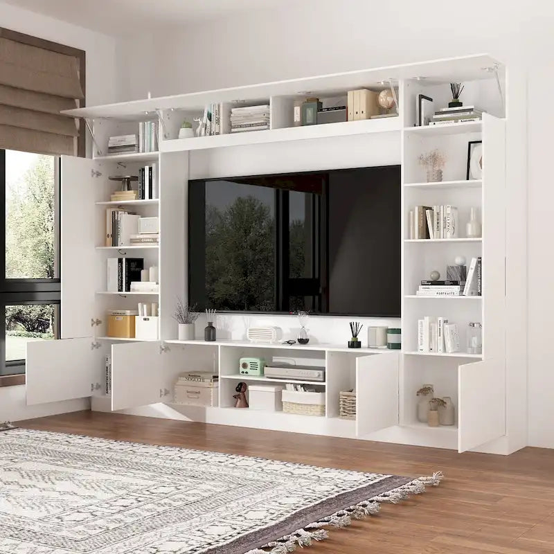 Wohnwand-TV-Ständer mit Bücherregalen und LED-Beleuchtung, Weiß oder Schwarz