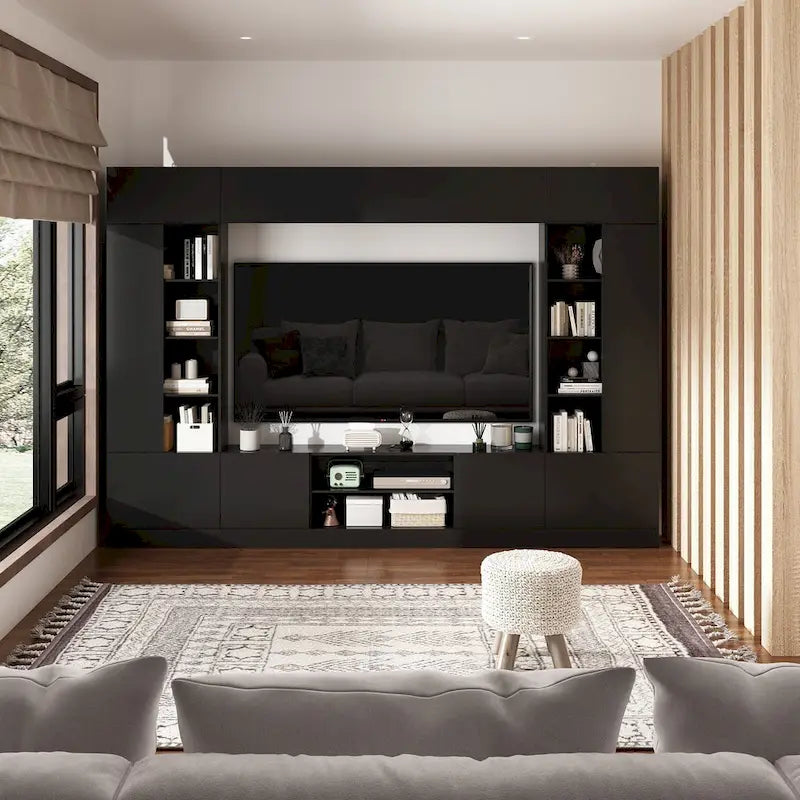 Wohnwand-TV-Ständer mit Bücherregalen und LED-Beleuchtung, Weiß oder Schwarz