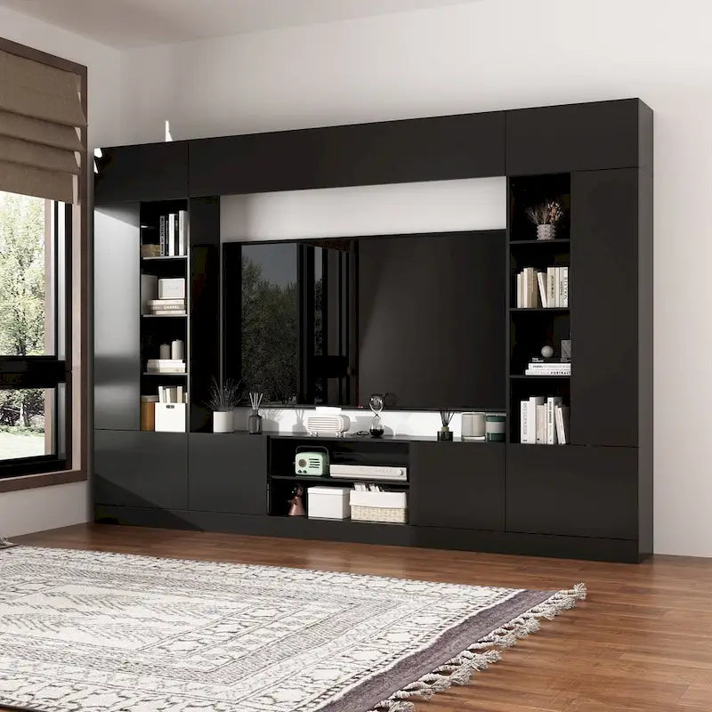 Wohnwand-TV-Ständer mit Bücherregalen und LED-Beleuchtung, Weiß oder Schwarz
