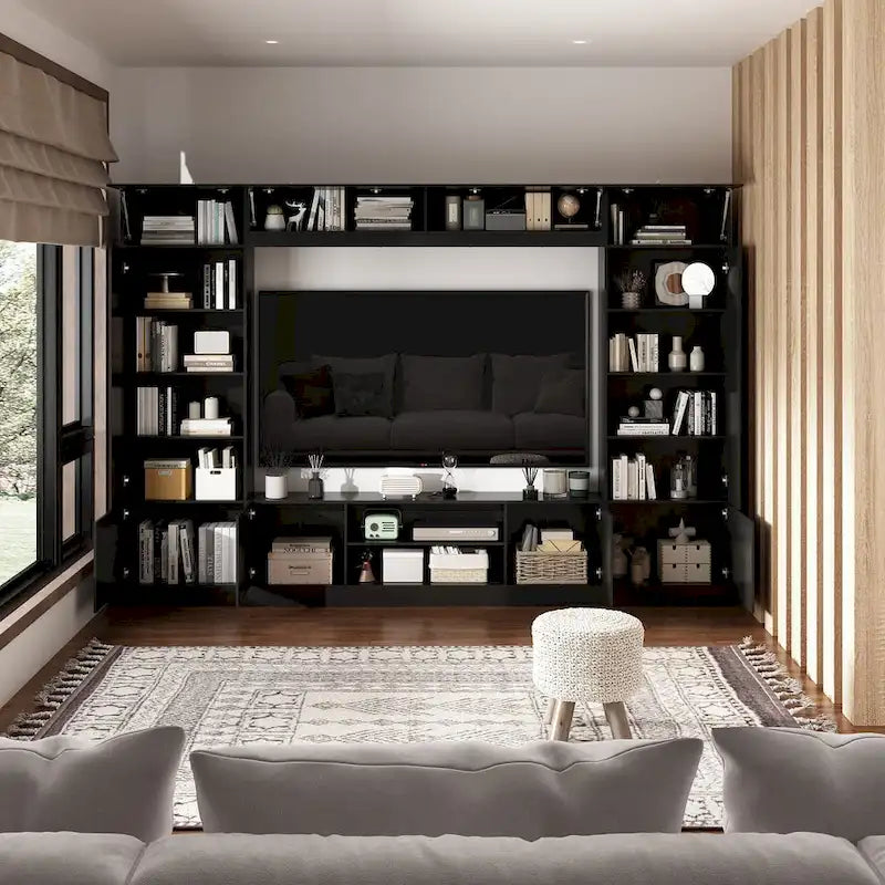 Wohnwand-TV-Ständer mit Bücherregalen und LED-Beleuchtung, Weiß oder Schwarz