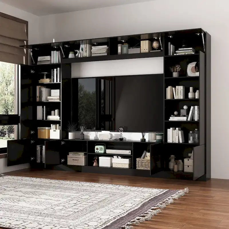 Wohnwand-TV-Ständer mit Bücherregalen und LED-Beleuchtung, Weiß oder Schwarz