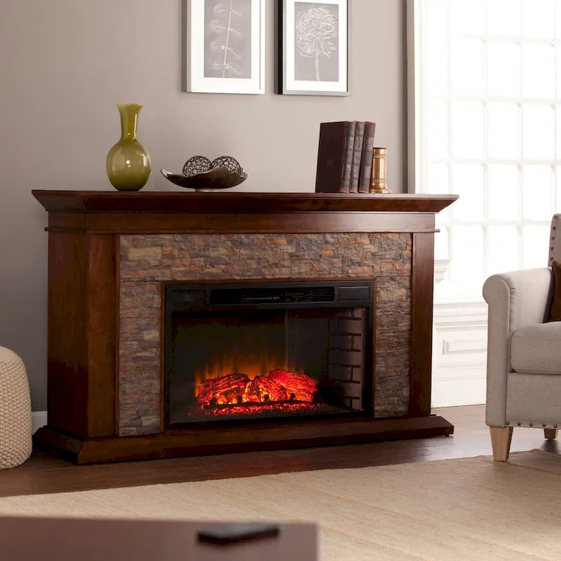 SEI Furniture Horse Mountain Electric Fireplace with a 60-inch Faux Stone Mantel