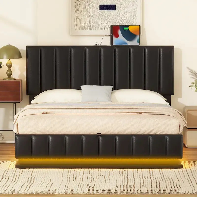 Letto imbottito Queen con contenitore idraulico, illuminazione LED RGB, prese elettriche e porte USB, nero