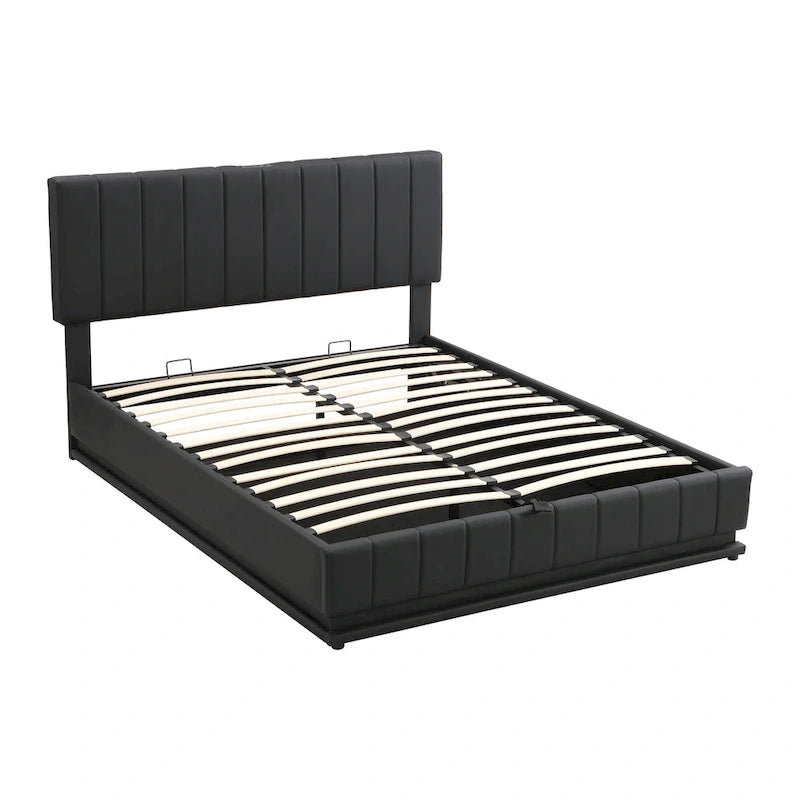Letto imbottito Queen con contenitore idraulico, illuminazione LED RGB, prese elettriche e porte USB, nero