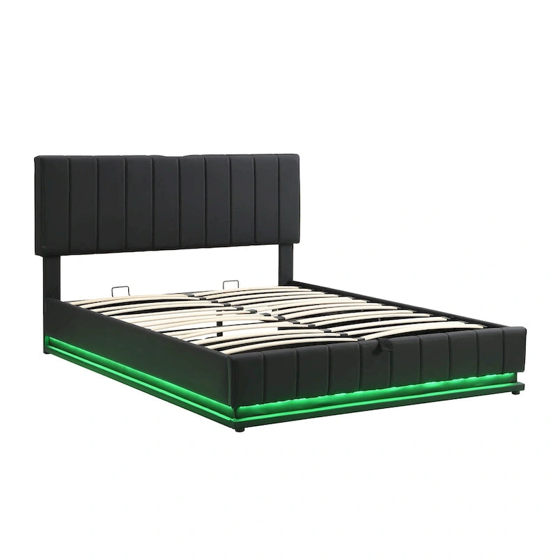 Letto imbottito Queen con contenitore idraulico, illuminazione LED RGB, prese elettriche e porte USB, nero