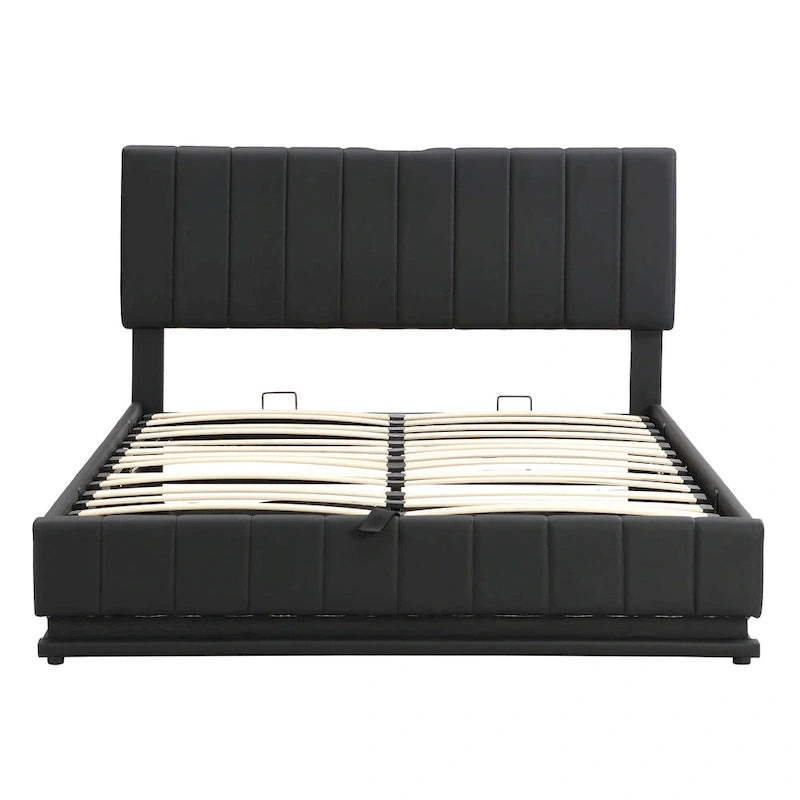Gepolstertes Queensize-Bett mit hydraulischem Stauraum, RGB-LED-Beleuchtung, Steckdosen und USB-Anschlüssen, Schwarz