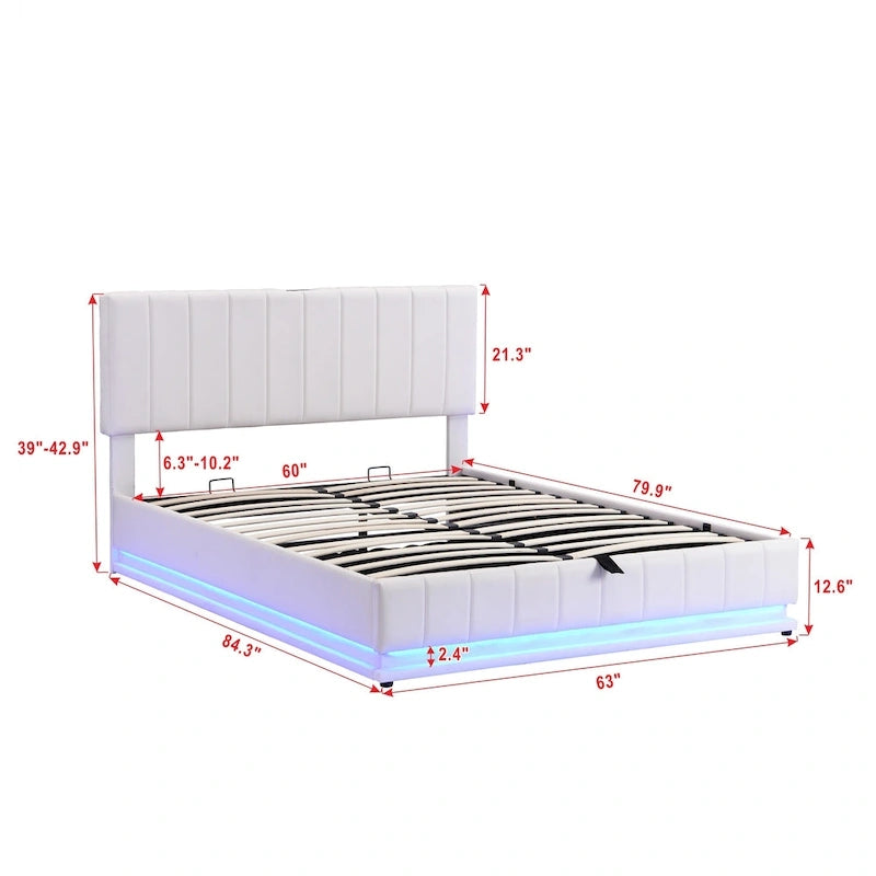 Gepolstertes Queensize-Bett mit hydraulischem Stauraum, RGB-LED-Beleuchtung, Steckdosen und USB-Anschlüssen, Schwarz