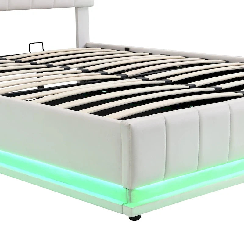 Gepolstertes Queensize-Bett mit hydraulischem Stauraum, RGB-LED-Beleuchtung, Steckdosen und USB-Anschlüssen, Schwarz