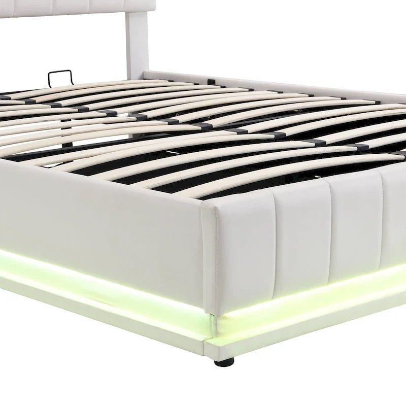 Gepolstertes Queensize-Bett mit hydraulischem Stauraum, RGB-LED-Beleuchtung, Steckdosen und USB-Anschlüssen, Schwarz