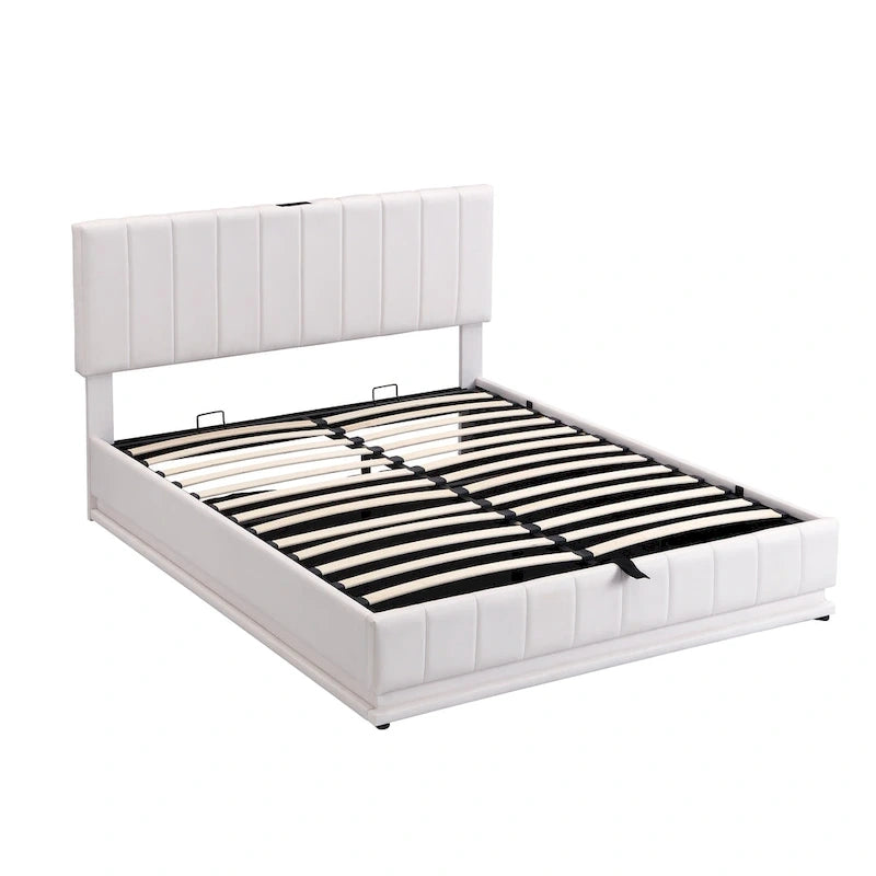 Gepolstertes Queensize-Bett mit hydraulischem Stauraum, RGB-LED-Beleuchtung, Steckdosen und USB-Anschlüssen, Schwarz