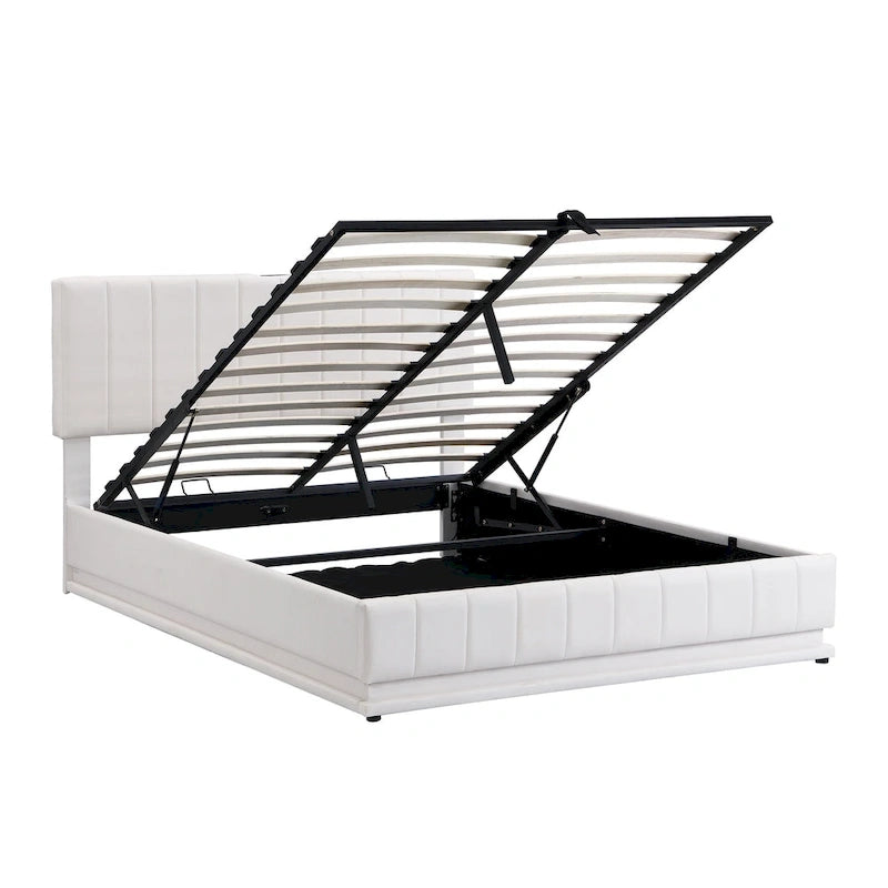 Gepolstertes Queensize-Bett mit hydraulischem Stauraum, RGB-LED-Beleuchtung, Steckdosen und USB-Anschlüssen, Schwarz