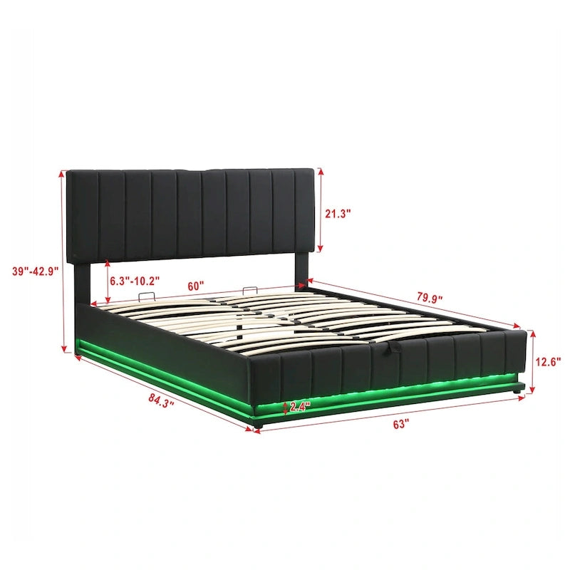 Gepolstertes Queensize-Bett mit hydraulischem Stauraum, RGB-LED-Beleuchtung, Steckdosen und USB-Anschlüssen, Schwarz