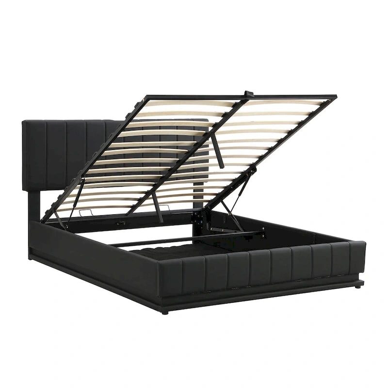 Gepolstertes Queensize-Bett mit hydraulischem Stauraum, RGB-LED-Beleuchtung, Steckdosen und USB-Anschlüssen, Schwarz