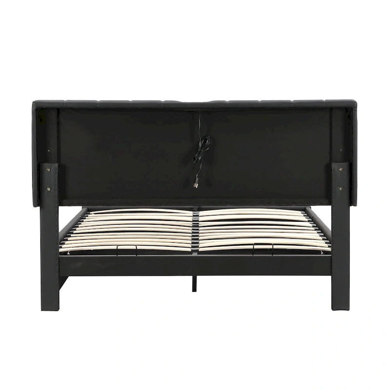 Gepolstertes Queensize-Bett mit hydraulischem Stauraum, RGB-LED-Beleuchtung, Steckdosen und USB-Anschlüssen, Schwarz