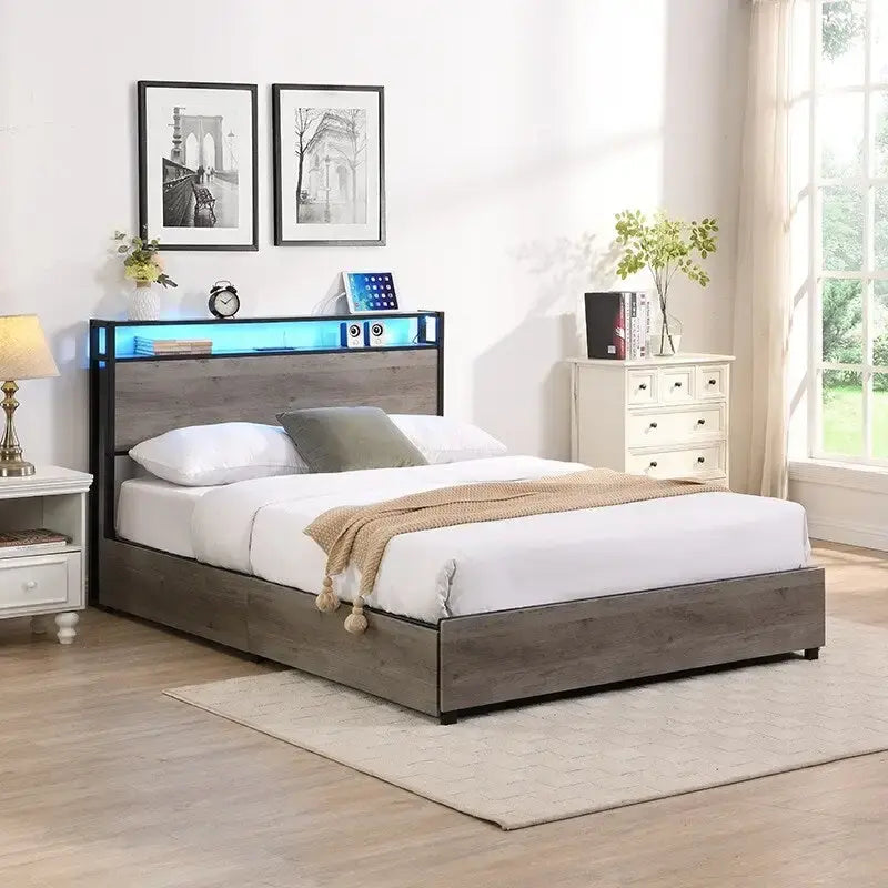 Struttura letto a piattaforma Full Size con testiera contenitore, stazione di ricarica e 4 cassetti
