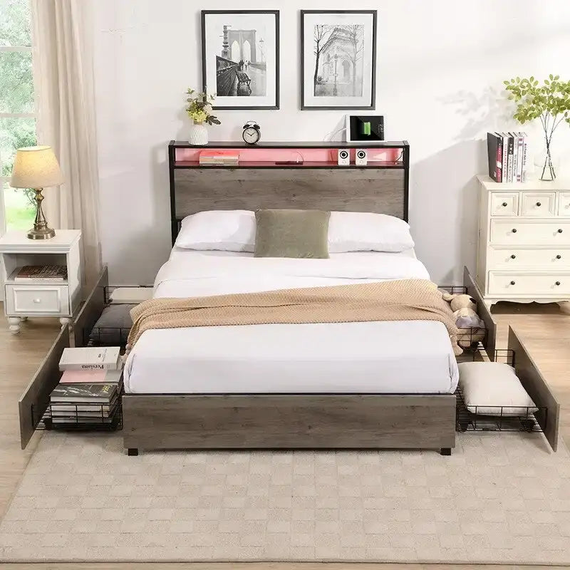 Struttura letto a piattaforma Full Size con testiera contenitore, stazione di ricarica e 4 cassetti
