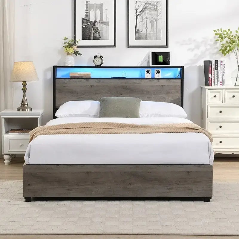 Struttura letto a piattaforma Full Size con testiera contenitore, stazione di ricarica e 4 cassetti