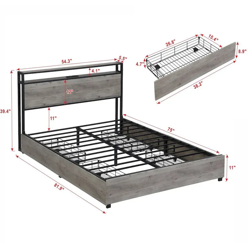 Struttura letto a piattaforma Full Size con testiera contenitore, stazione di ricarica e 4 cassetti