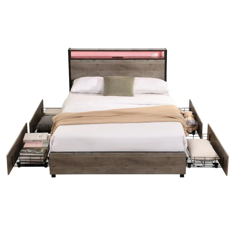 Struttura letto a piattaforma Full Size con testiera contenitore, stazione di ricarica e 4 cassetti