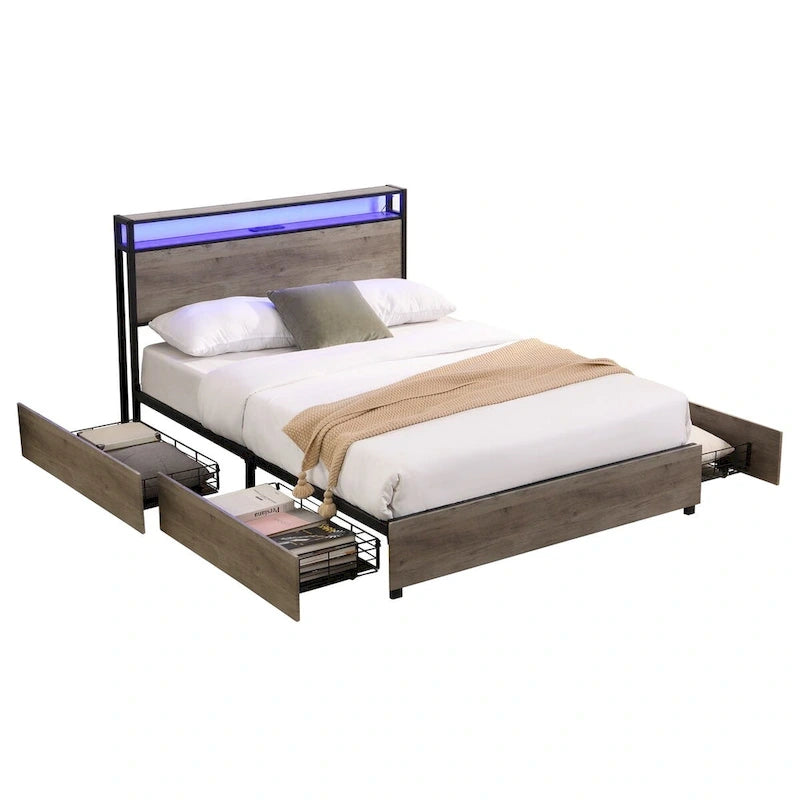 Struttura letto a piattaforma Full Size con testiera contenitore, stazione di ricarica e 4 cassetti