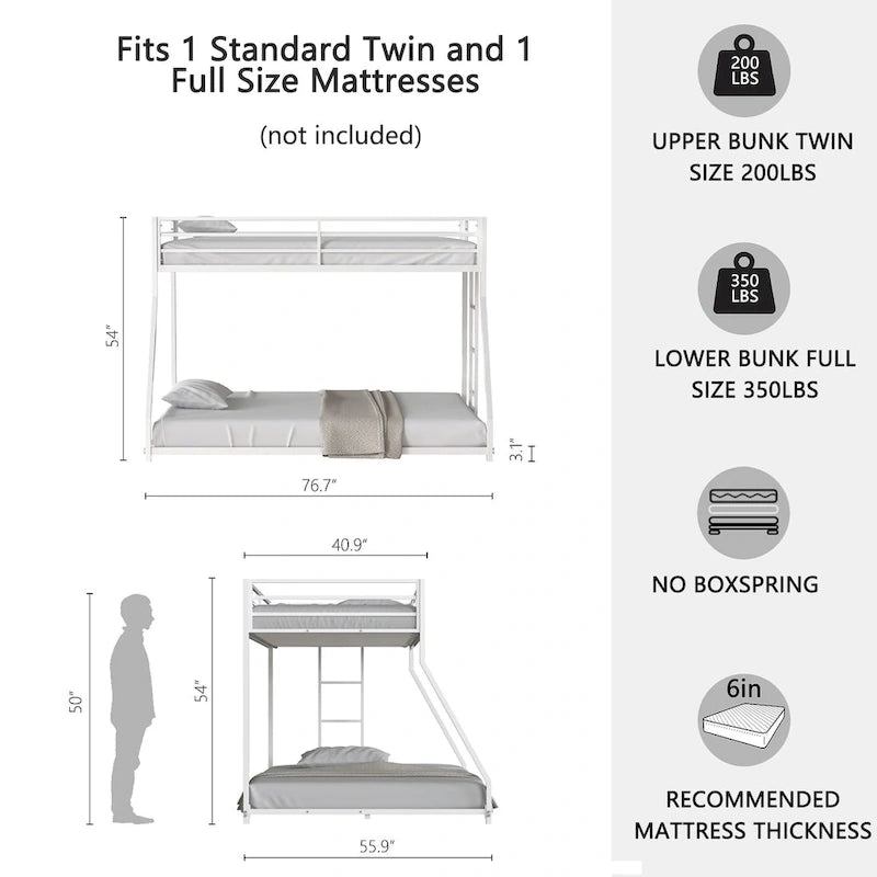 Letto a castello matrimoniale superiore e piazza e mezza inferiore in metallo con scala reversibile