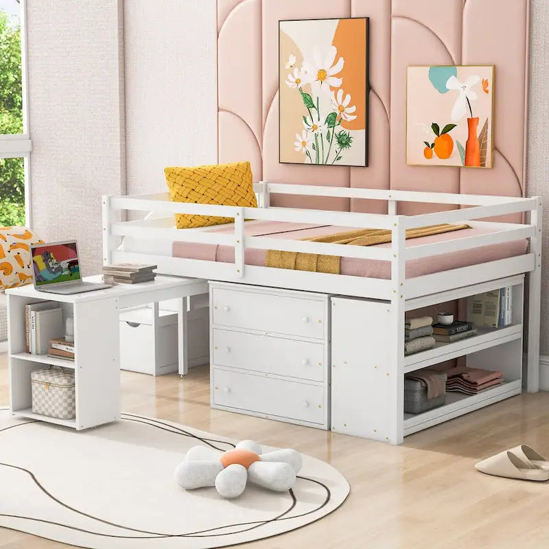 Full Size Loft Bed with Retractable Writing Desk and 3 Drawers