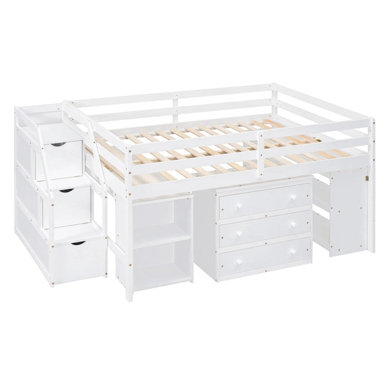 Full Size Loft Bed with Retractable Writing Desk and 3 Drawers
