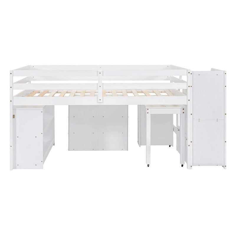Full Size Loft Bed with Retractable Writing Desk and 3 Drawers