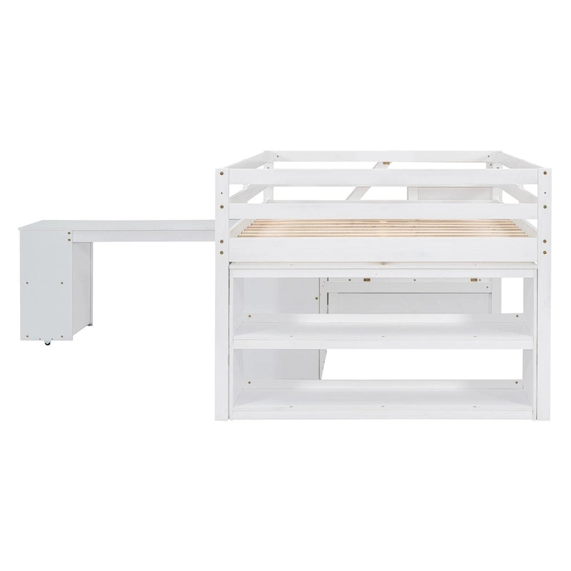 Full Size Loft Bed with Retractable Writing Desk and 3 Drawers