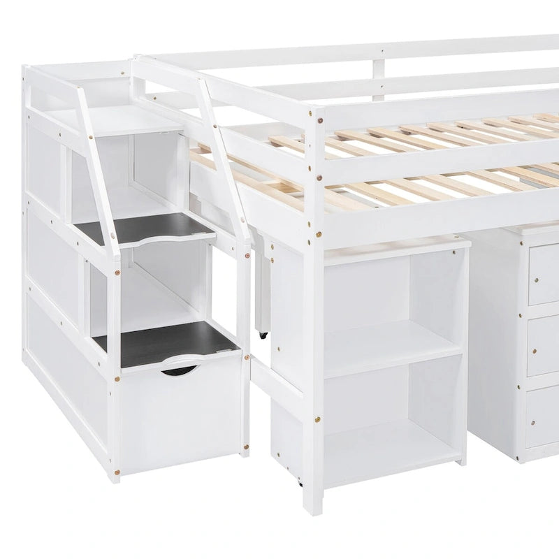 Full Size Loft Bed with Retractable Writing Desk and 3 Drawers