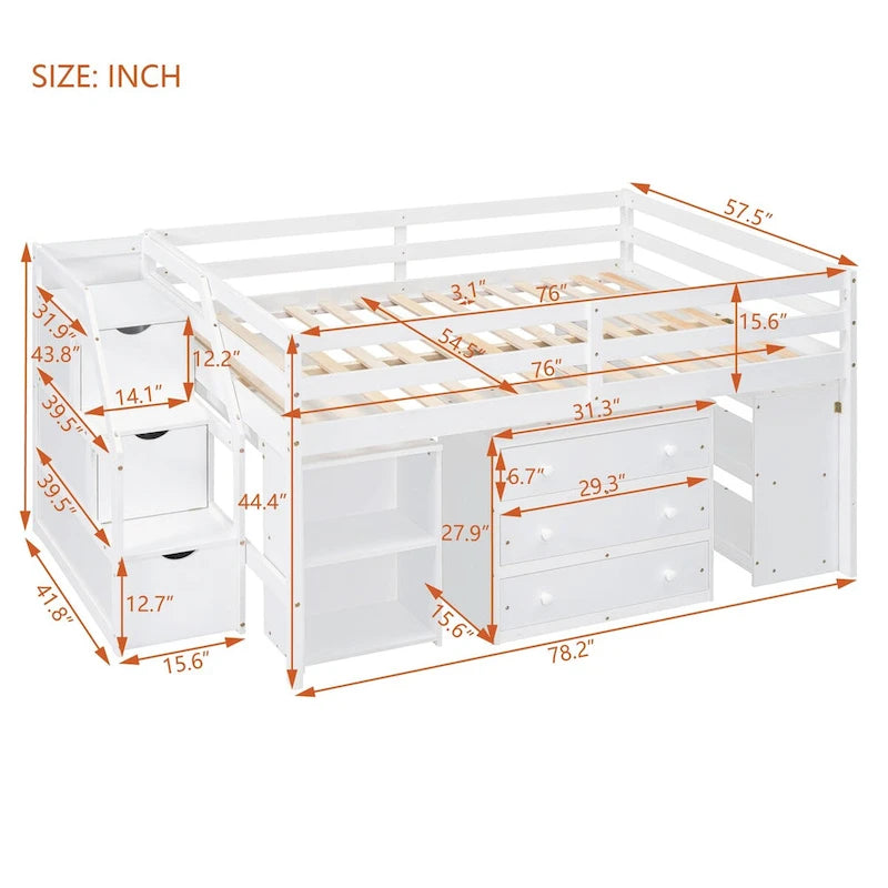 Full Size Loft Bed with Retractable Writing Desk and 3 Drawers