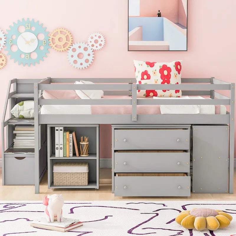 Full Size Loft Bed with Retractable Writing Desk and 3 Drawers
