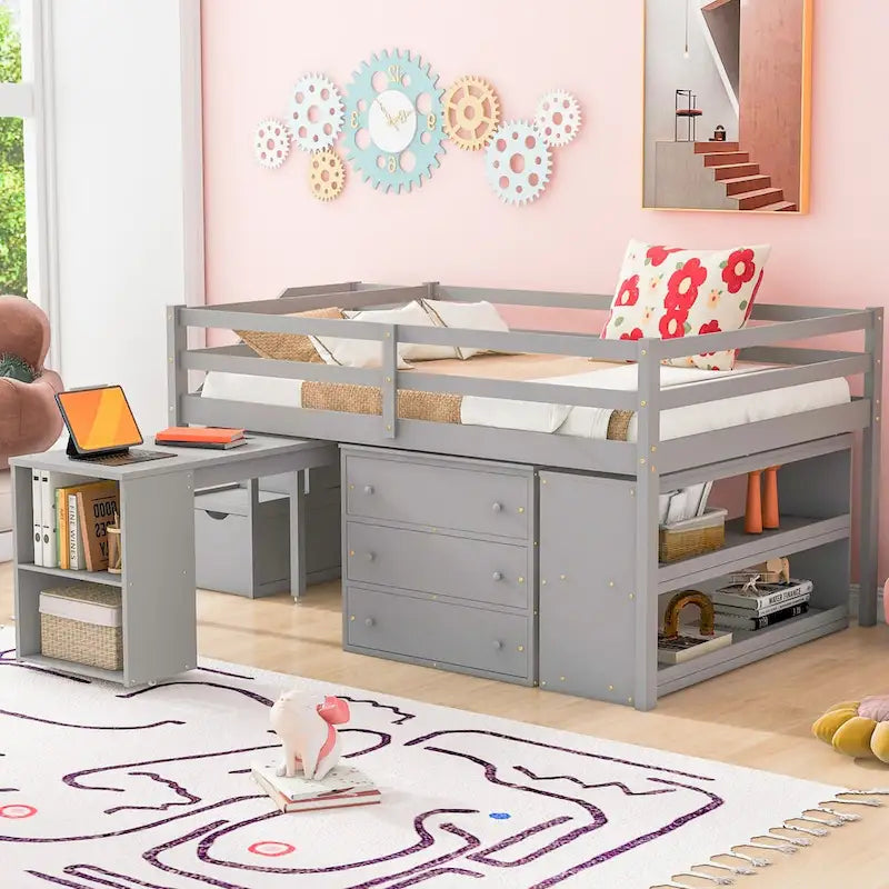 Full Size Loft Bed with Retractable Writing Desk and 3 Drawers