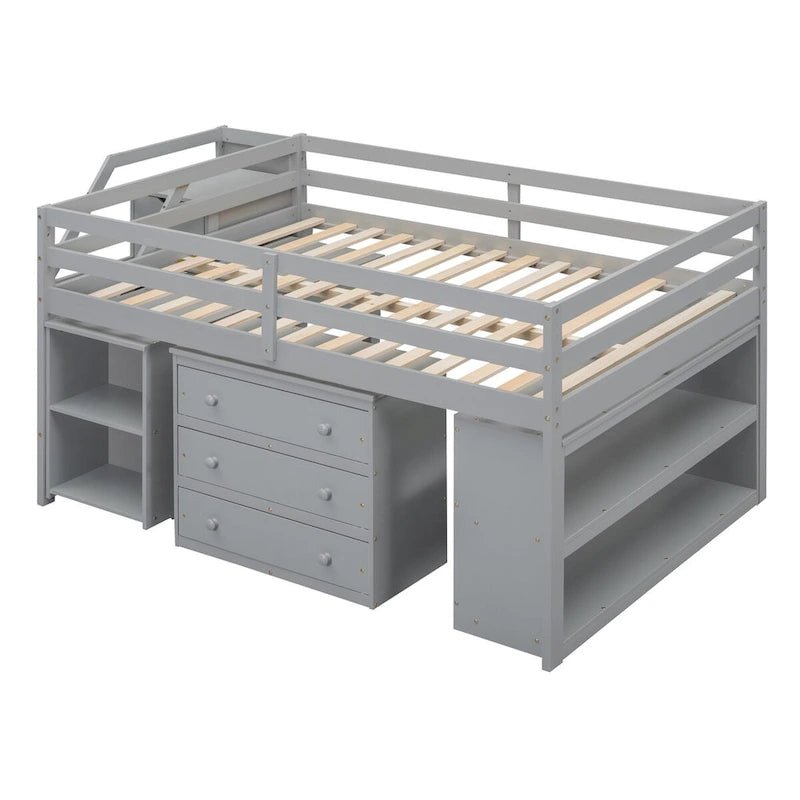 Full Size Loft Bed with Retractable Writing Desk and 3 Drawers