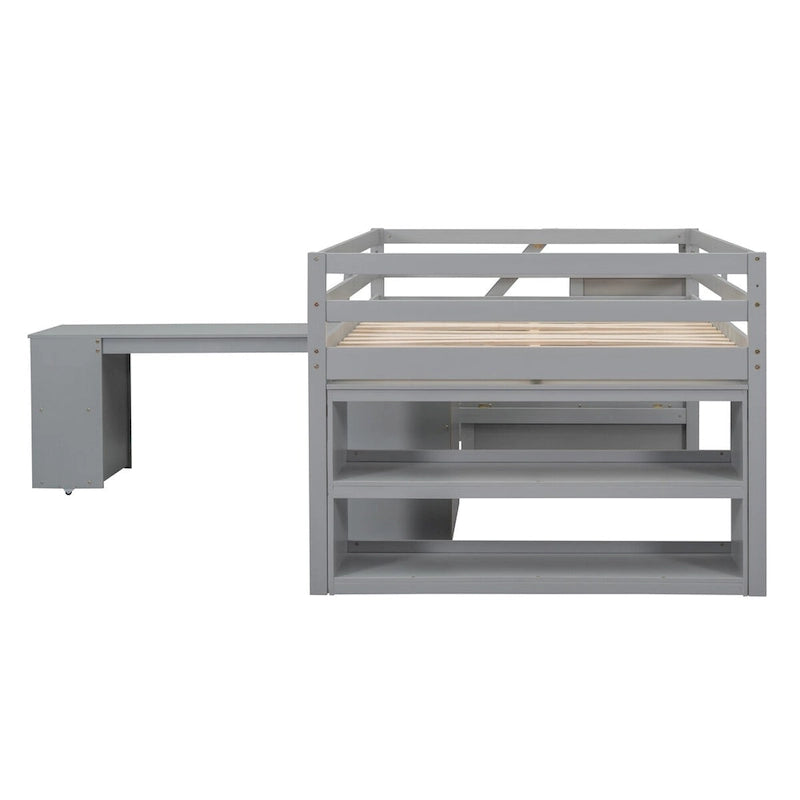 Full Size Loft Bed with Retractable Writing Desk and 3 Drawers