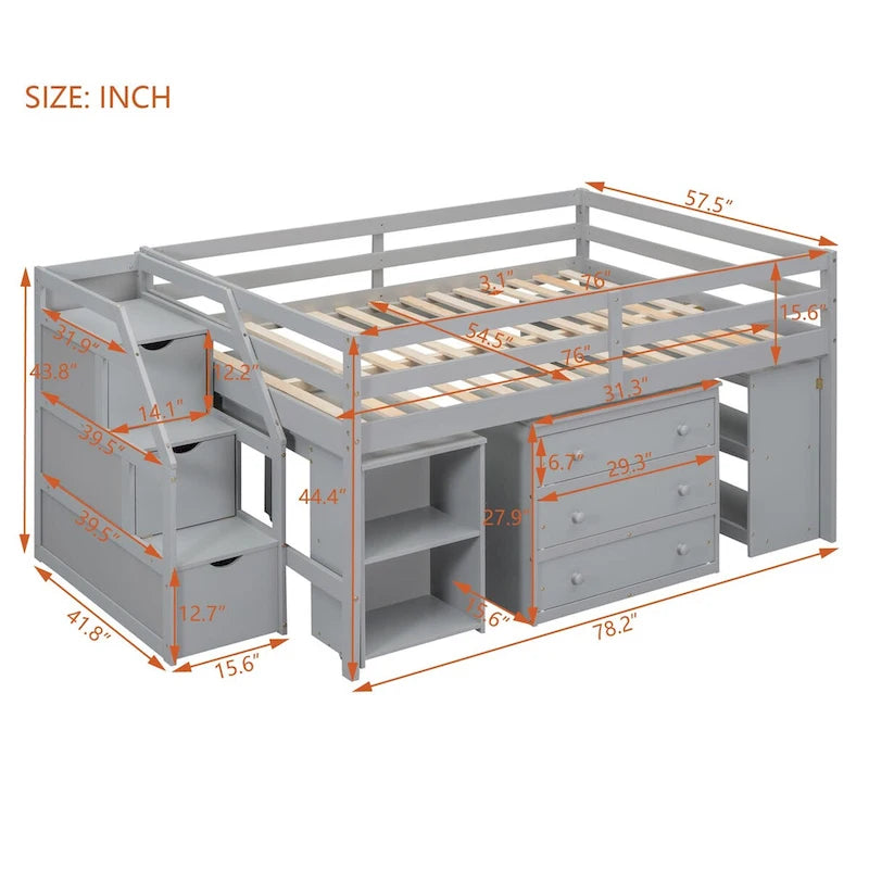 Full Size Loft Bed with Retractable Writing Desk and 3 Drawers