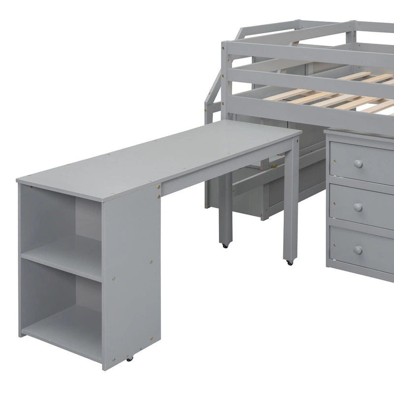 Full Size Loft Bed with Retractable Writing Desk and 3 Drawers