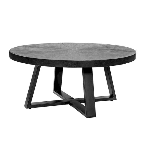 Raj 39 Inch Round Coffee Table, Cross Legs Design, Black Acacia Wood, Iron