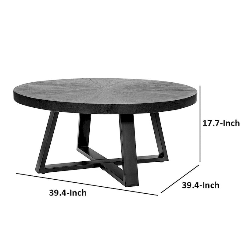 Mesa de centro redonda de 39 polegadas com design de pernas cruzadas, em madeira de acácia preta e ferro